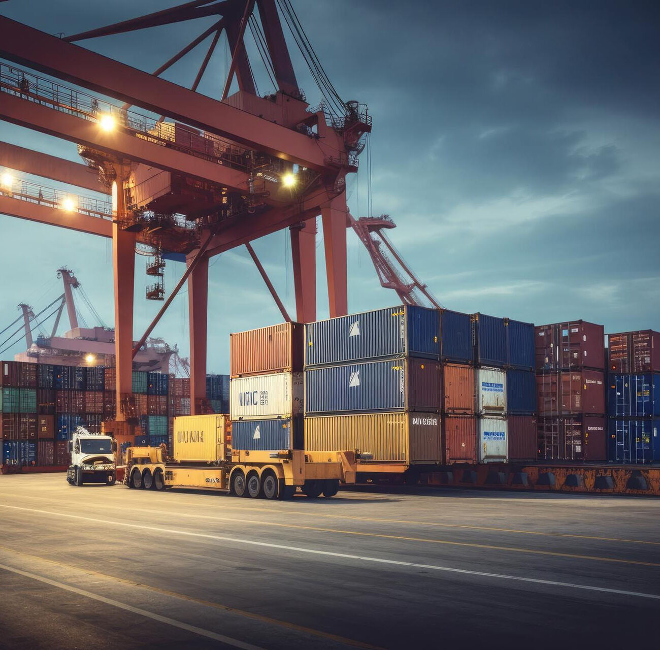 logistics transportation container cargo ship cargo plane with working crane bridge shipyard sunrise logistic import export transport industry background ai generative