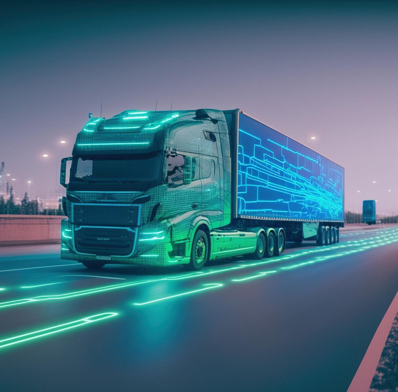 self driving futuristic freight truck deliver goods warehouse city highway